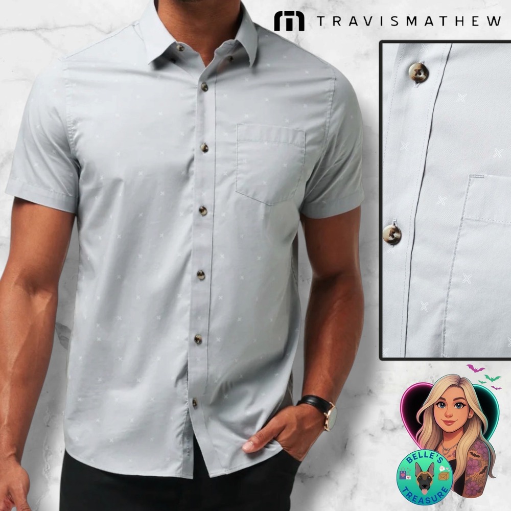 TravisMathew Mens Medium‎ Across The Pond Short Down Up Shirt Grey Blue Stretch